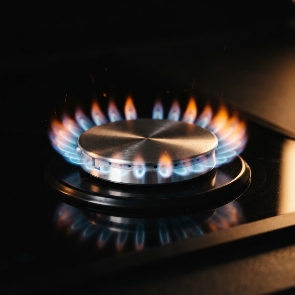 Close-up of a clean gas hob burner with a perfect blue flame ring